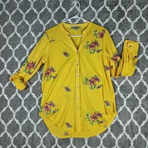 Figueroa & Flower Shirt Womens Medium Yellow Embroidered Button Down Floral Top